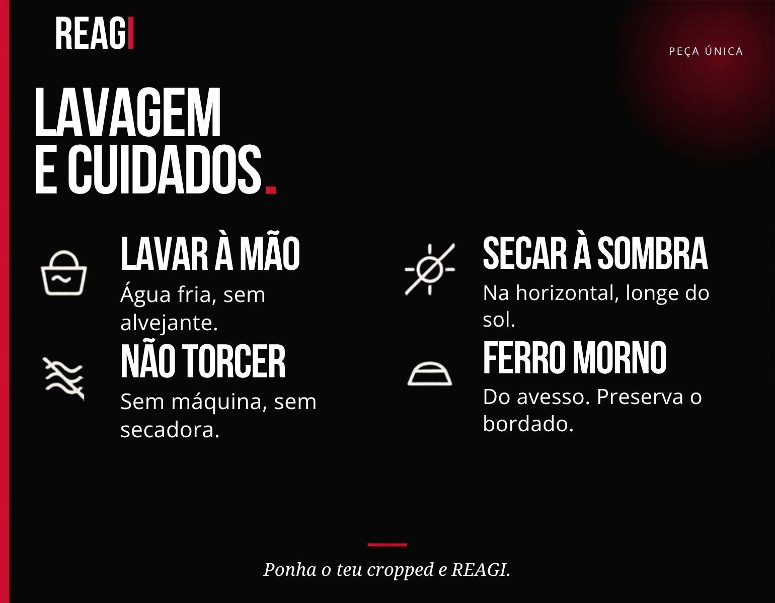 Lavagem e cuidados: lavar à mão com água fria, sem alvejante; secar à sombra, na horizontal, longe do sol; não torcer, sem máquina, sem secadora; ferro morno, do avesso, preserva o bordado.